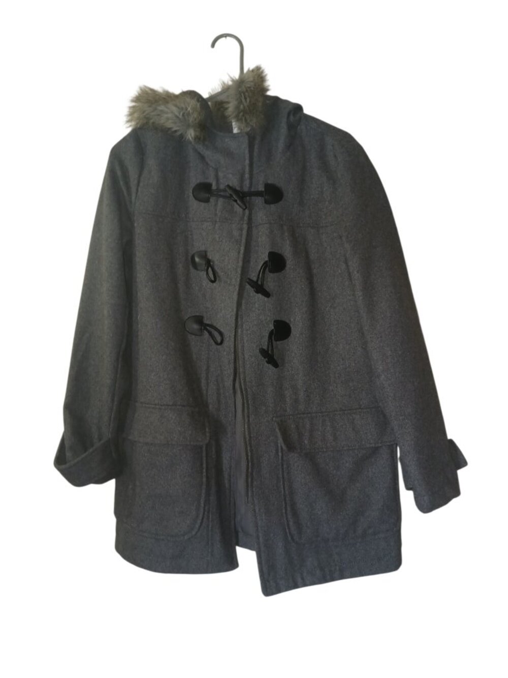 Old Navy Gray Wool Blend Toggle Coat Faux Fur Hood Size Small